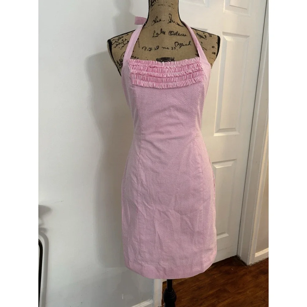 Lilly Pulitzer Pink Gingham Halter Dress Fitted Summer Cotton Size 4 - Picture 2 of 10